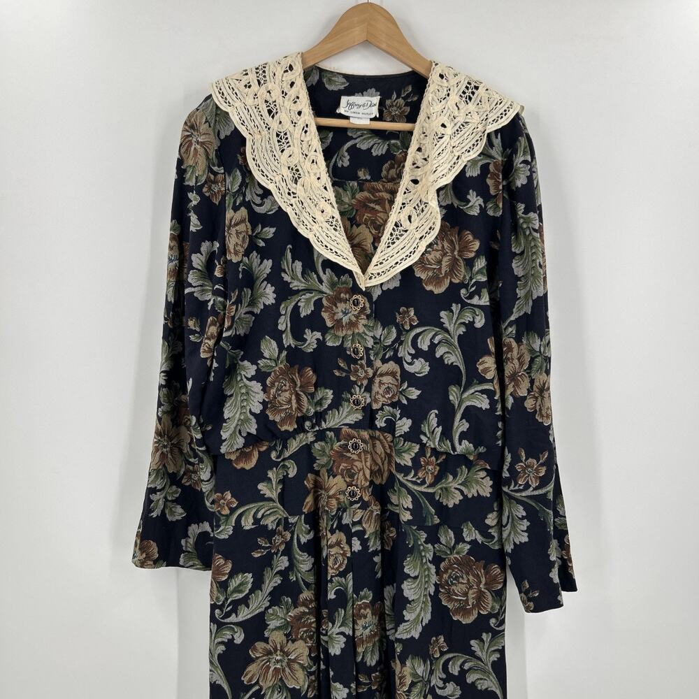 Vintage 80s Jeffrey & Dara Floral Tea Dress Womens Size XL Navy Lace Collar Maxi